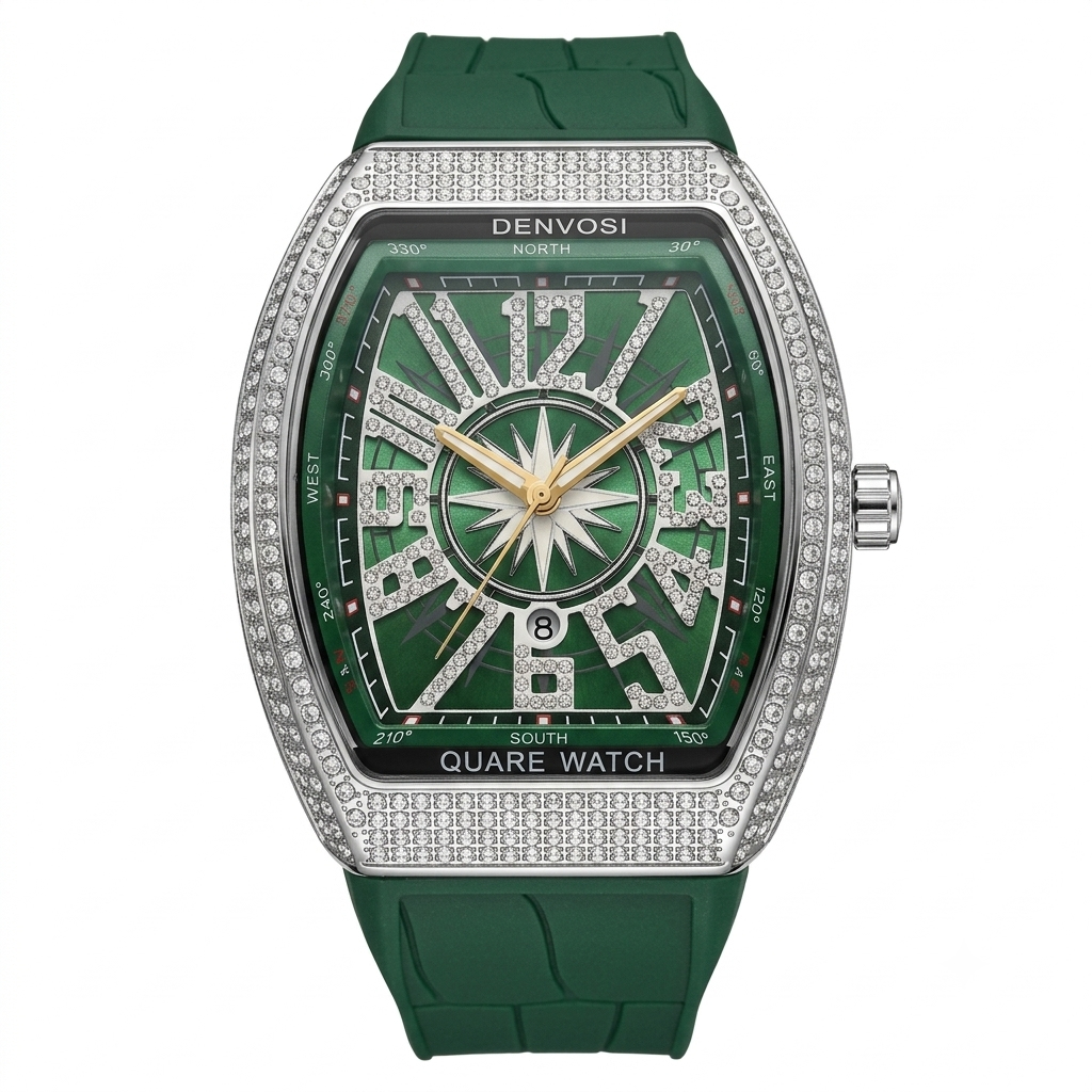 DENVOSI Luxury Men's Quartz Watch – Crystal Embedded Tonneau Case with Green Silicone Strap