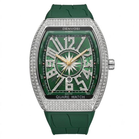 DENVOSI Luxury Men's Quartz Watch – Crystal Embedded Tonneau Case with Green Silicone Strap