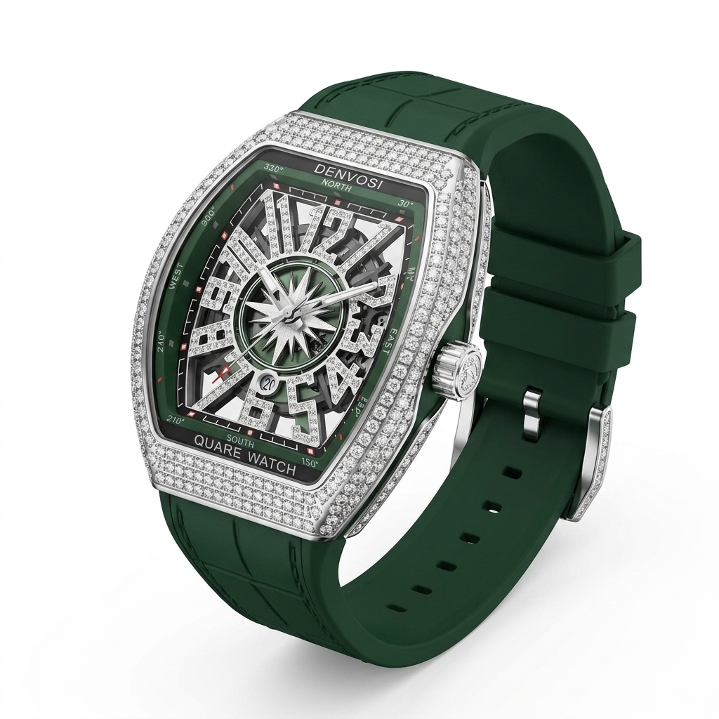 DENVOSI Luxury Men's Quartz Watch – Crystal Embedded Tonneau Case with Green Silicone Strap