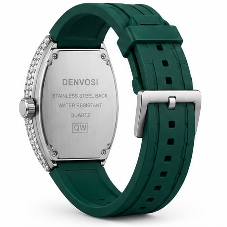 DENVOSI Luxury Men's Quartz Watch – Crystal Embedded Tonneau Case with Green Silicone Strap