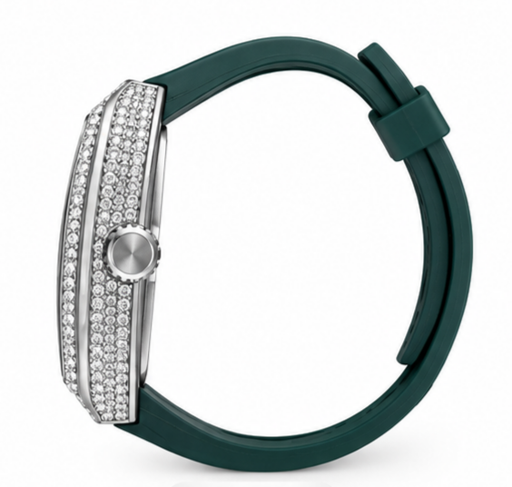 DENVOSI Luxury Men's Quartz Watch – Crystal Embedded Tonneau Case with Green Silicone Strap