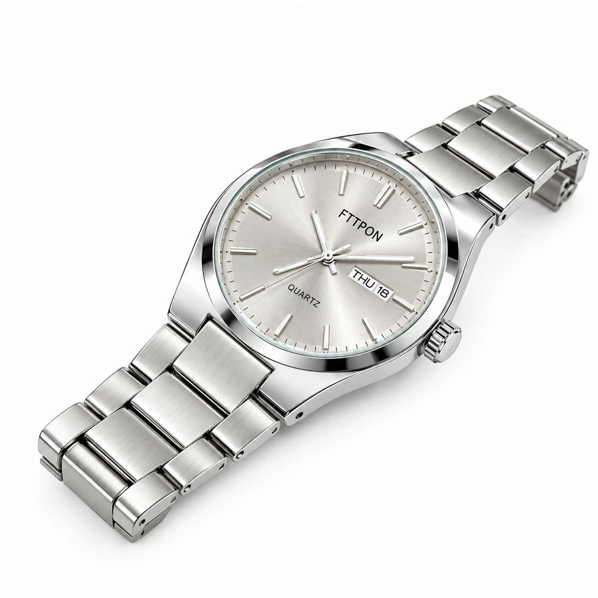 FTTPON Men's Classic Silver Stainless Steel Quartz Watch – Day & Date Display