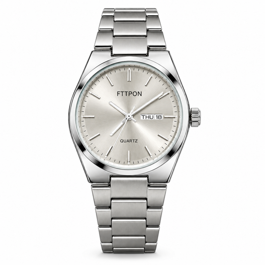 FTTPON Men's Classic Silver Stainless Steel Quartz Watch – Day & Date Display