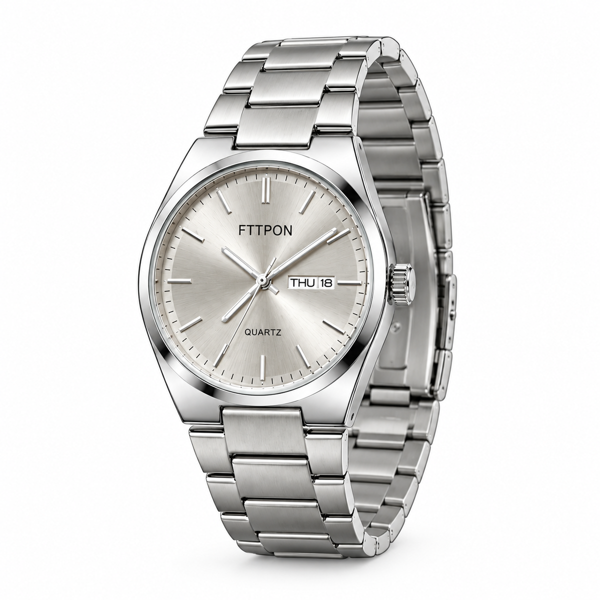 FTTPON Men's Classic Silver Stainless Steel Quartz Watch – Day & Date Display